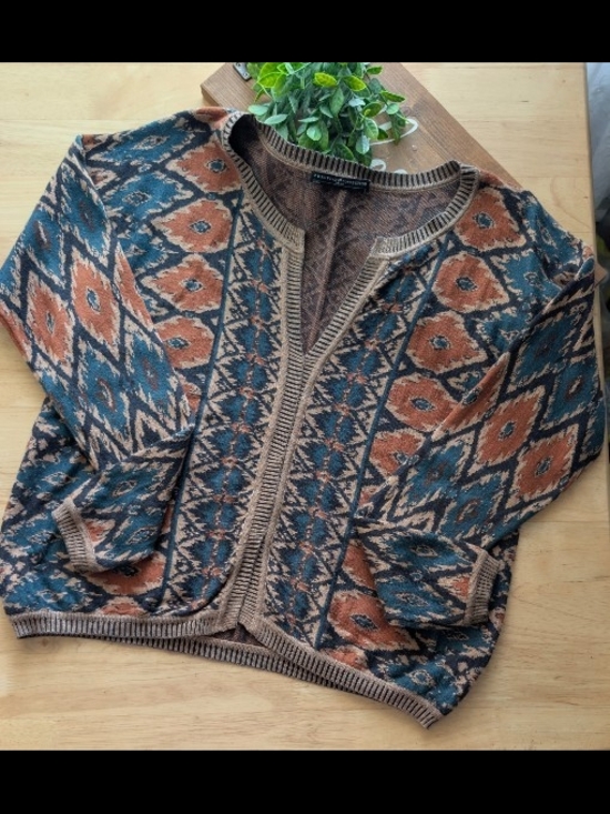Peruvian Connection Sweaters - Peruvian Connection Teal and Rust Patterned V-Neck Sweater